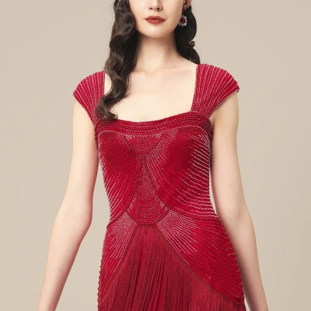 Old World Glamore Dark Red Beaded Fringe Dress - Picture 3 of 7